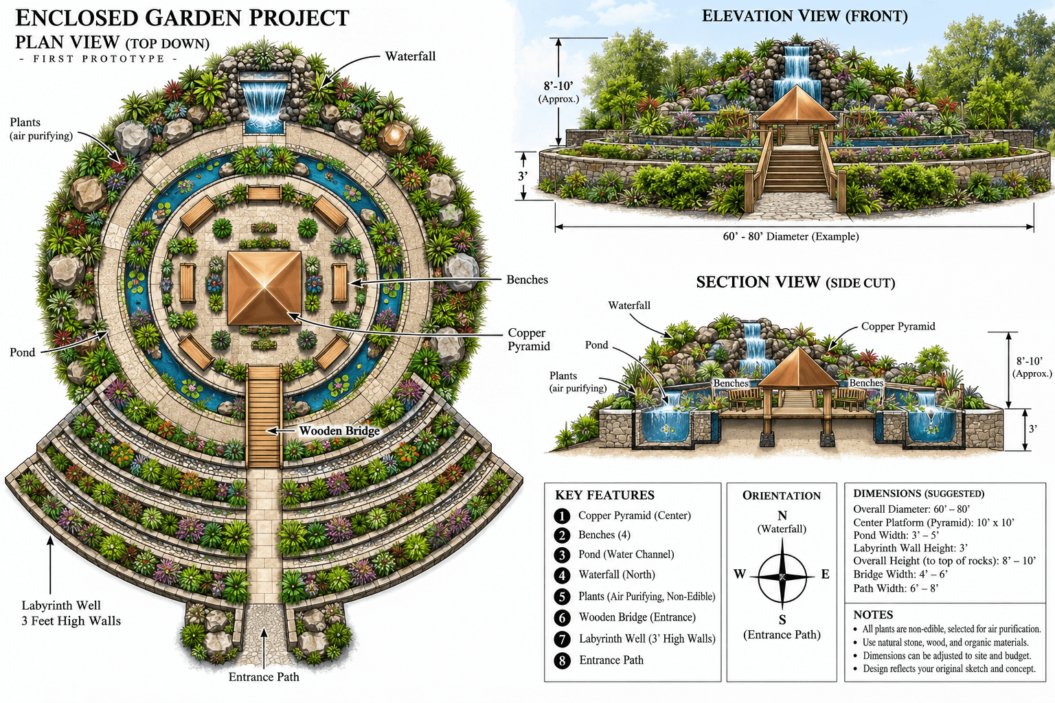 Illustrative Enclosed Garden prototype plan and elevation layout.